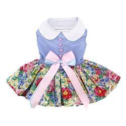 Blue and White Pastel Pearls Floral Dress with Matching Leash (Size: XS)