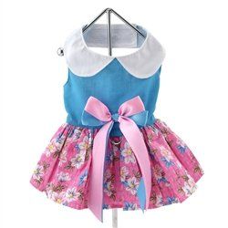 Pink and Blue Plumeria Floral Dress with Matching Leash (Size: XS)