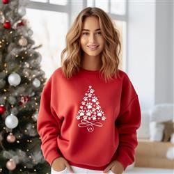 PAWS CHRISTMAS TREE Sweatshirt - Unisex Crew Neck People Shirt- Assorted Colors and Sizes (Color: Red w White Vinyl, Size: S)