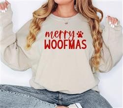 MERRY WOOFMAS Sweatshirt -Unisex Crew Neck People Shirt (Color: Sand w Red Vinyl, Size: S)