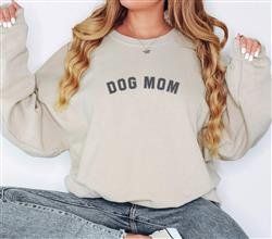 DOG MOM Sweatshirt-Unisex Crewneck Sweatshirt-Sand with Gray Lettering (Size: S)