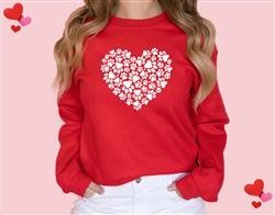 Valentine-Unisex Crewneck Sweatshirt-Heart w/Paw Prints (Color: Red w White Vinyl, Size: S)