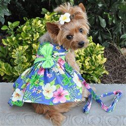 Blue Lagoon Hawaiian Hibiscus Dress w/ Leash & D-Ring (Size: XS)